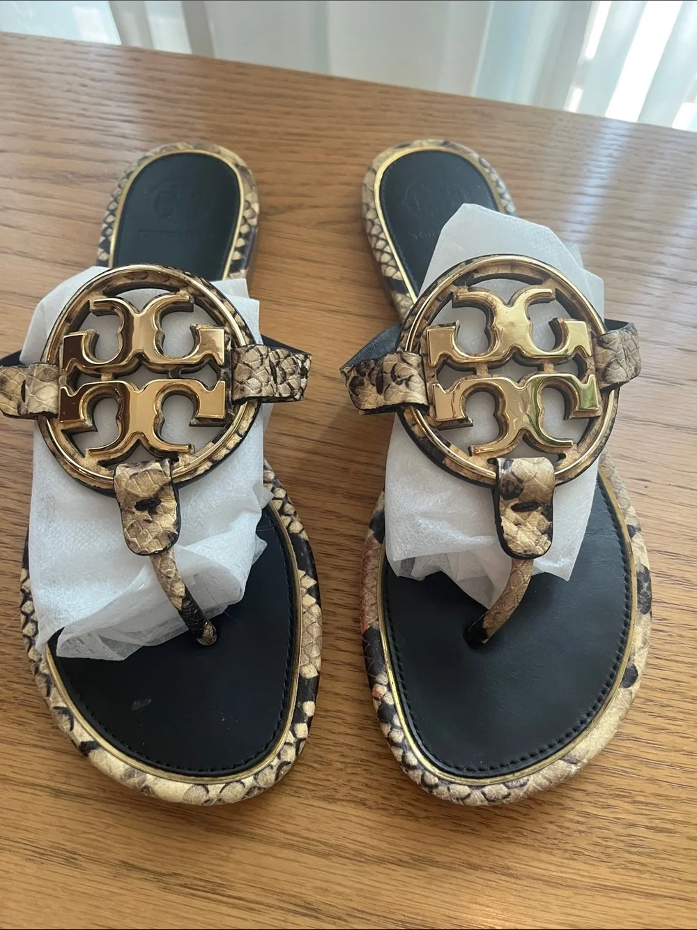 Tory Burch Gold Snake-Print Logo Thong Sandals